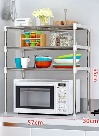 Silver and white microwave shelf rack in 2-tier or 3-tier with iron tubes and plastic connectors