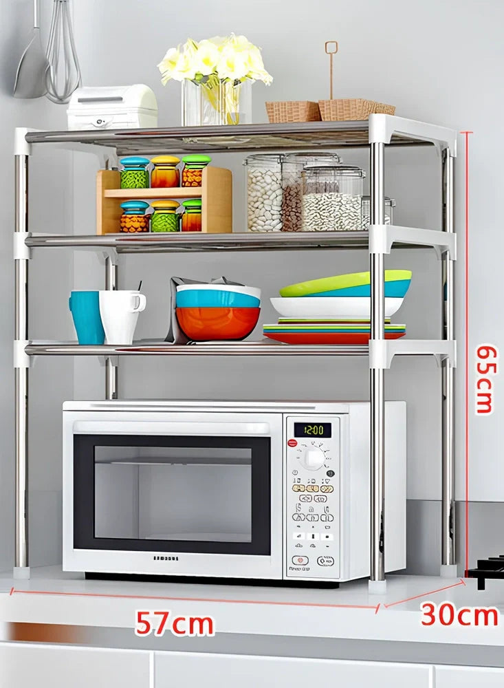 Silver and white microwave shelf rack with two tiers organising kitchen spices and essentials