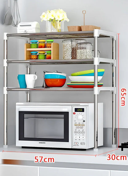 Silver and white microwave shelf rack with two tiers organising kitchen spices and essentials