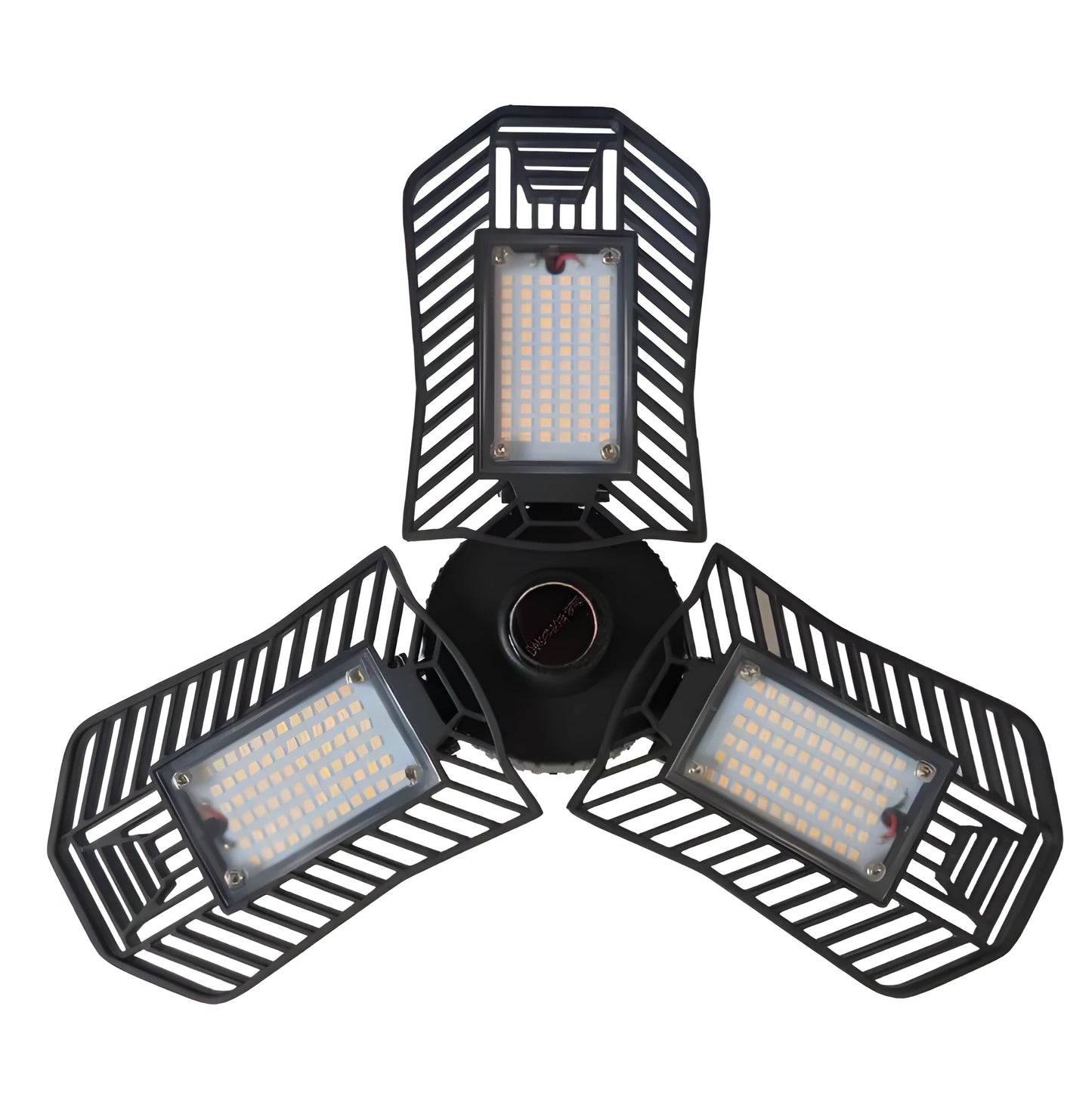 Industrial foldable waterproof LED garage lamp showing aluminium body and plastic casing.