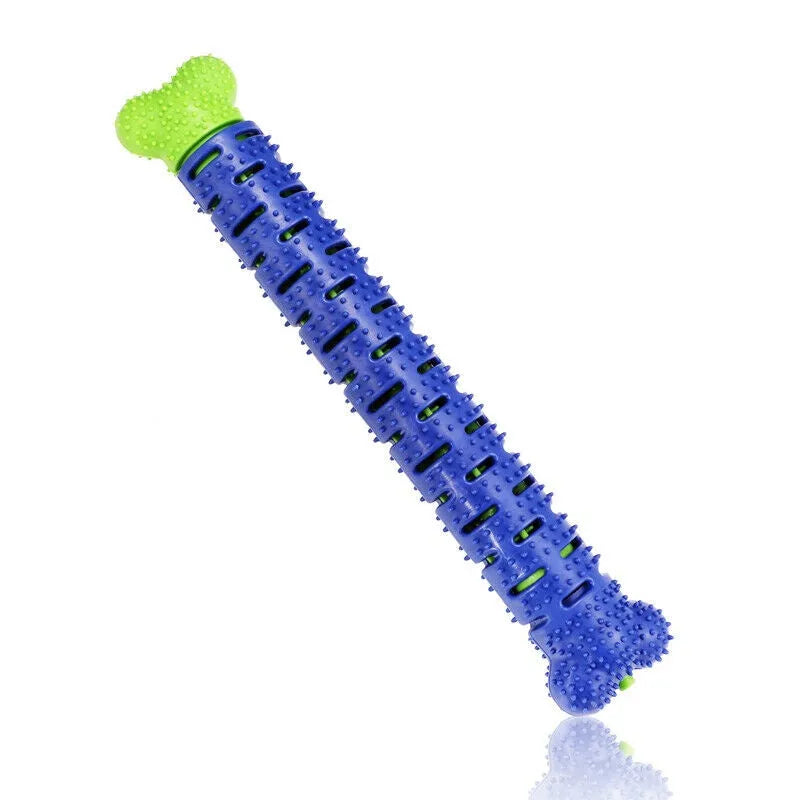Blue and green dog chew toy toothbrush, 25cm rubber bone with hidden bristles and treat dispenser