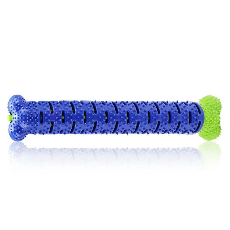 Blue and green dog chew toy toothbrush, 25cm rubber bone with hidden bristles and treat dispenser