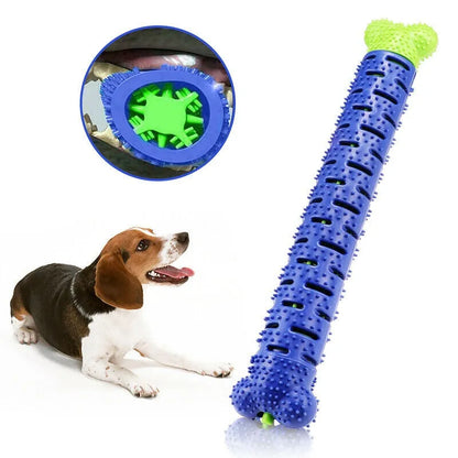 Blue and green dog chew toy toothbrush, 25cm rubber bone with hidden bristles and treat dispenser