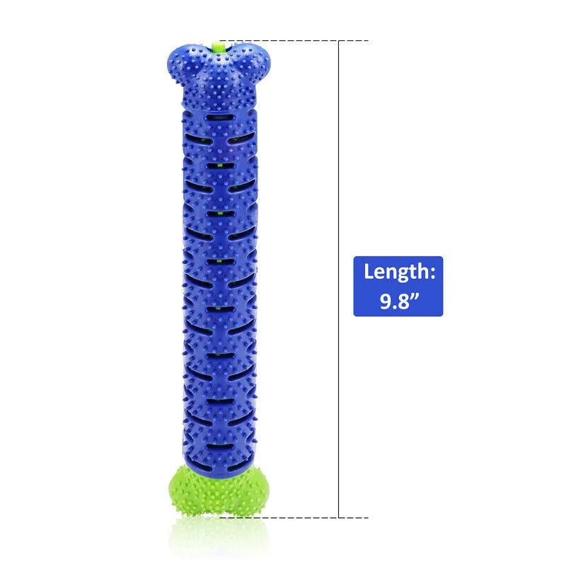 Blue and green dog chew toy toothbrush, 25cm rubber bone with hidden bristles and treat dispenser
