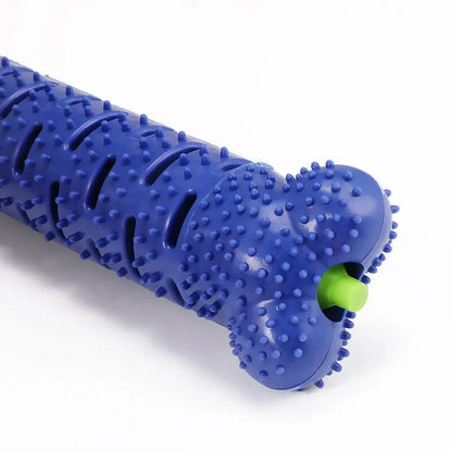 Blue and green dog chew toy toothbrush, 25cm rubber bone with hidden bristles and treat dispenser