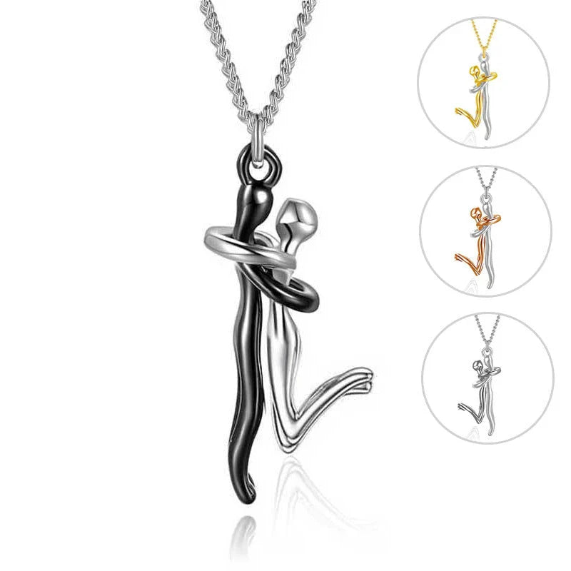 Elegant 18K plated love hug necklace with charming embrace-shaped pendant and delicate cross-chain design