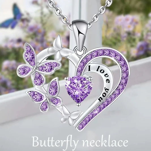 Butterfly Love Rhinestone Heart Necklace in various colours for Valentine's Day