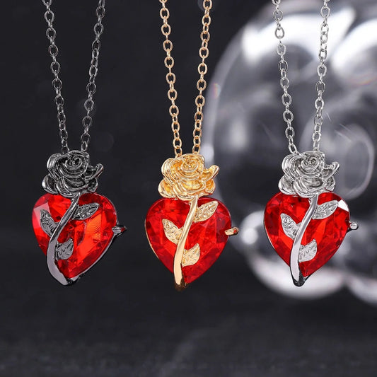 Unique punk rose heart-shaped clavicle necklace for Valentine's Day, available in black, gold, and silver.