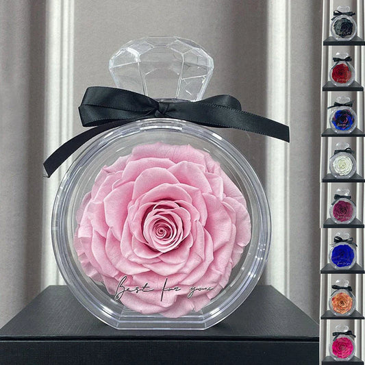 Preserved dried rose floral ornaments in a transparent display, available in various colors for home decor and special occasions
