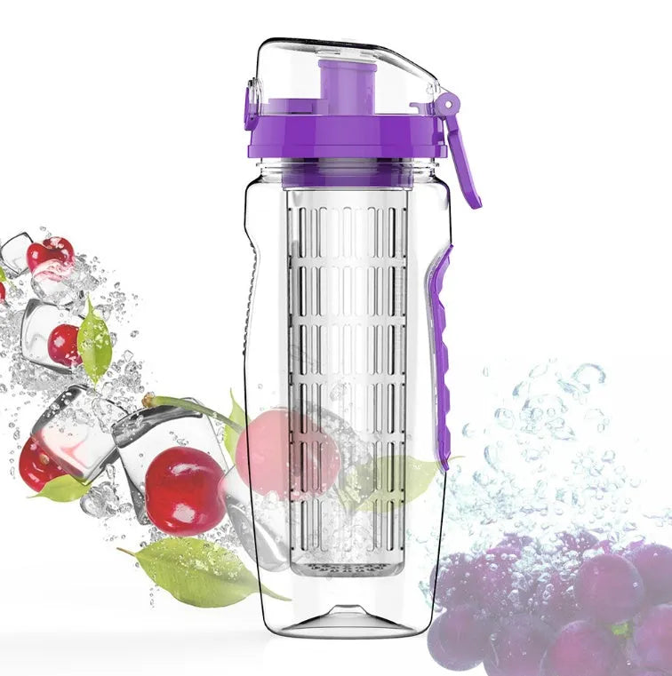 Black fruit infuser shaker bottle with removable transparent fruit holder, 900ml capacity.