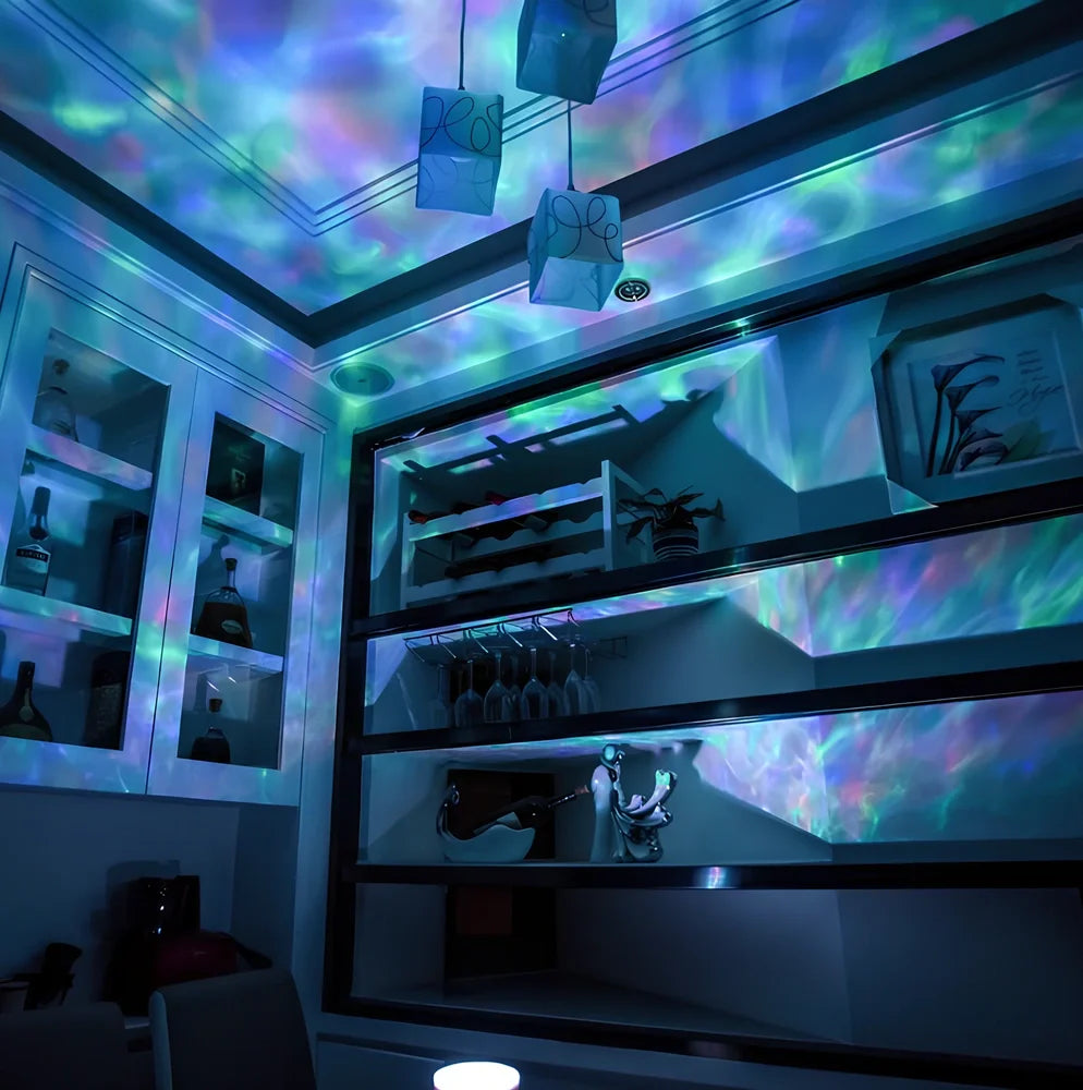 Ocean wave projector showing colourful LED light projection with remote control and adjustable 45-degree angle