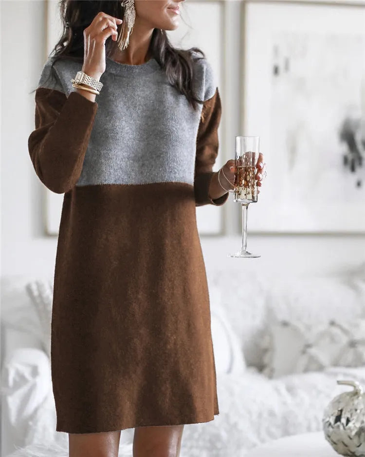 Brown women's long sleeve patchwork dress with a round neck and loose retro fit.