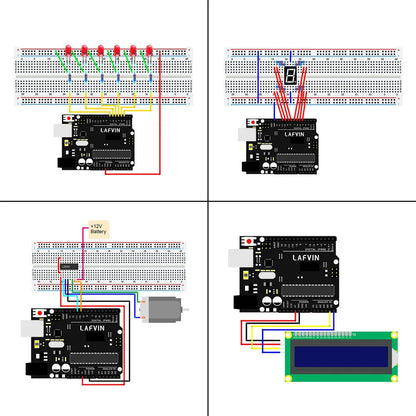 LAFVIN Arduino UNO R3 Super Starter Kit with blue board, components, breadboard, and CD.