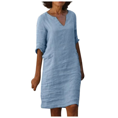 Retro cotton and linen V-neck dress with high waist and summer stitching in various colours