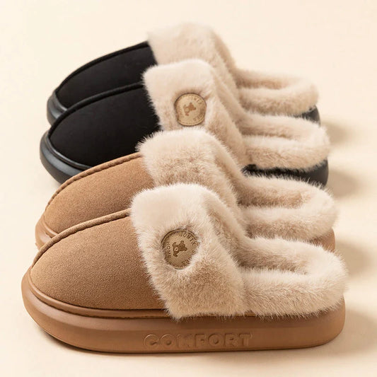 Cozy and stylish plush slippers with fleece lining and durable PVC soles for all-season indoor comfort and relaxation