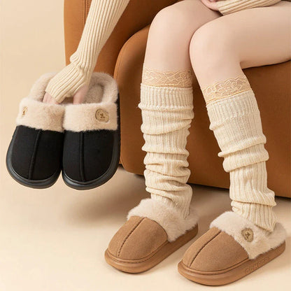 Cozy and stylish plush slippers with fleece lining and durable PVC soles for all-season indoor comfort and relaxation