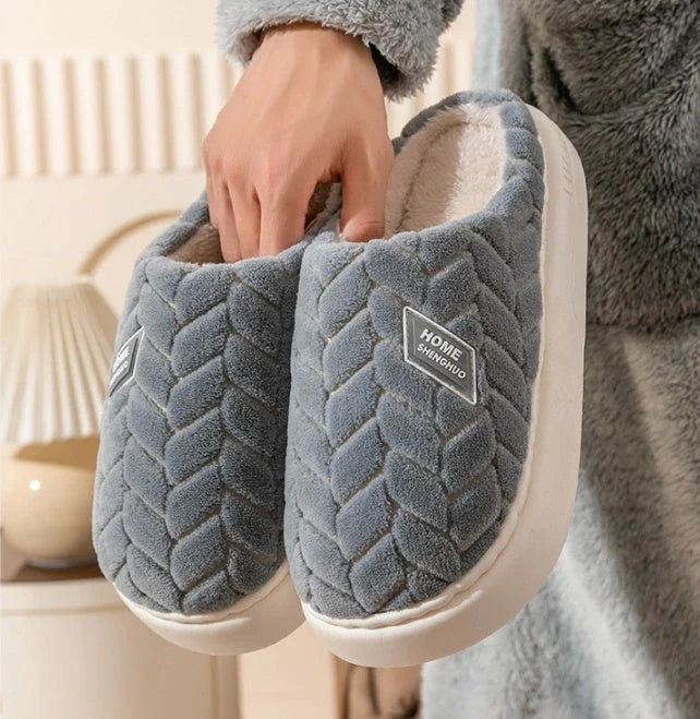 Cosy plush slippers with thick, non-slip soles and fleece lining, available in a variety of stylish colours