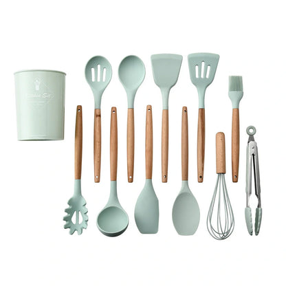 Premium silicone kitchenware set with wooden handle, ideal for cooking and baking