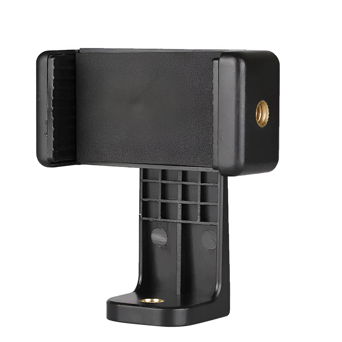 Black plastic single phone holder bracket showing rotating clamp and word folder style options