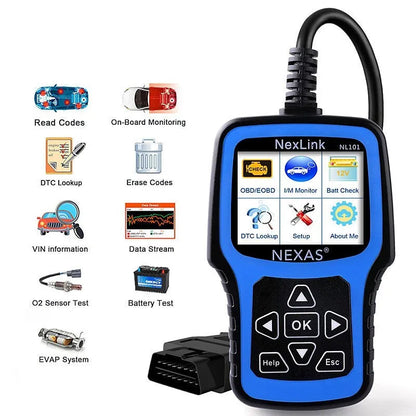 NexLink Nexas NL101 OBD2 car diagnostic scanner and code reader on a dark background.