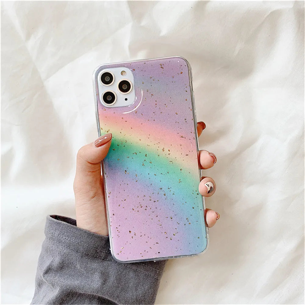 Rainbow gradient phone case with striped design elements on iPhone