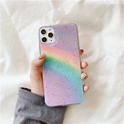 Rainbow gradient phone case with striped design elements on iPhone