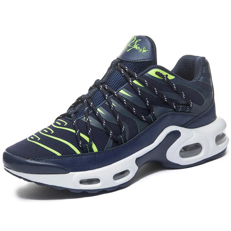 Men's breathable mesh sports shoes with rubber sole, air cushion, front lace-up, available in black, blue, red, and white