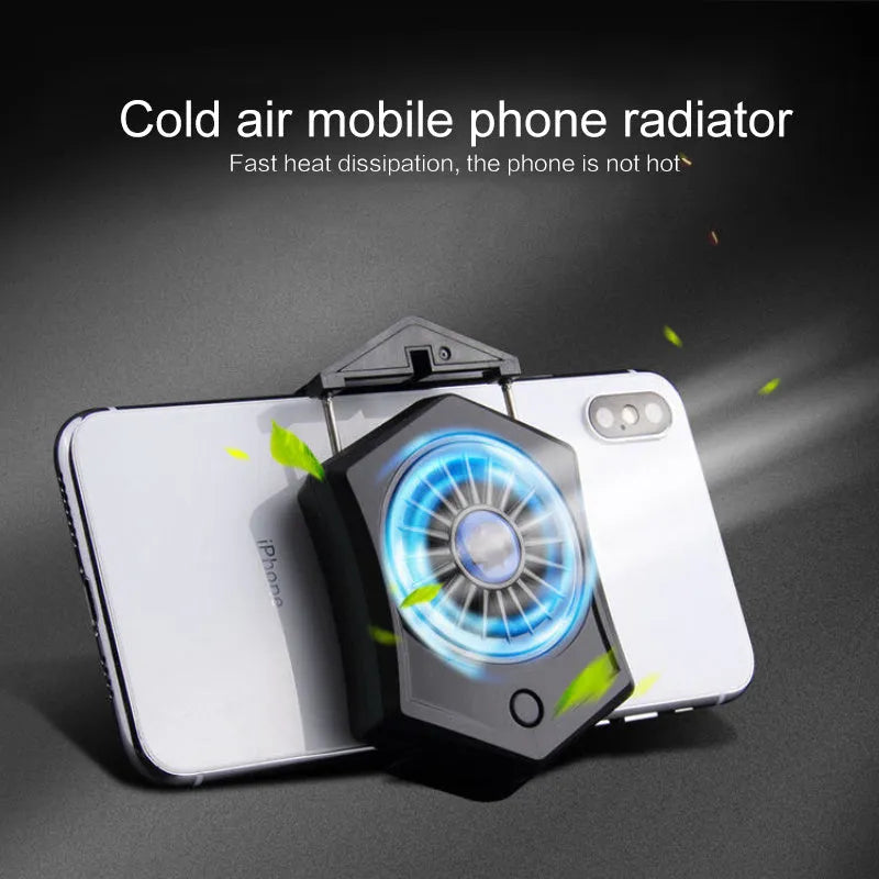 Black aluminium USB mobile phone cooler clipped onto a smartphone