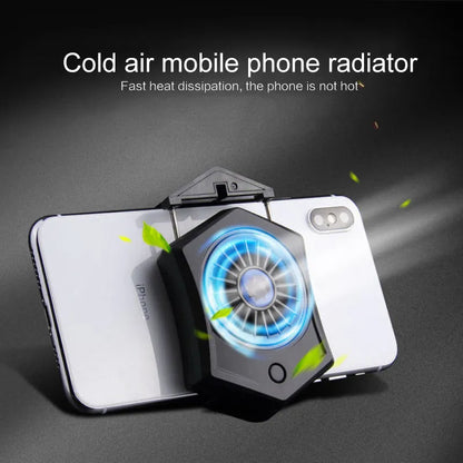 Black aluminium USB mobile phone cooler clipped onto a smartphone