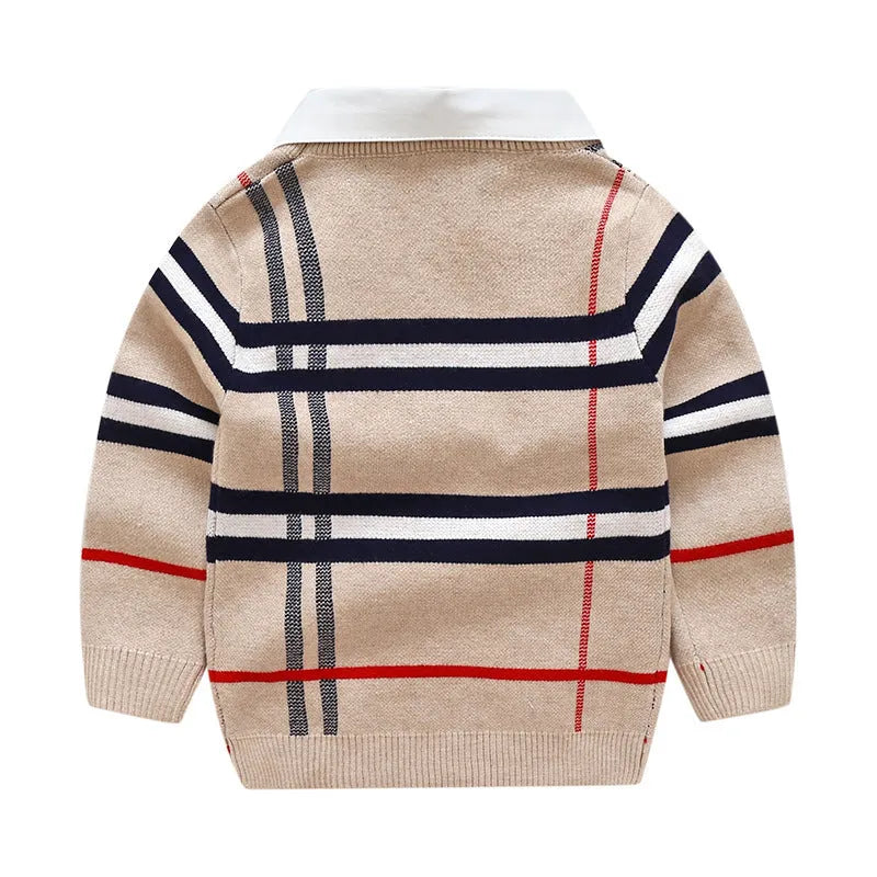 Boys plaid jacquard sweater in Apricot or Navy Blue, long-sleeve cotton-rich pullover for autumn and winter.