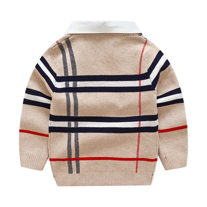 Boys plaid jacquard sweater in Apricot or Navy Blue, long-sleeve cotton-rich pullover for autumn and winter.
