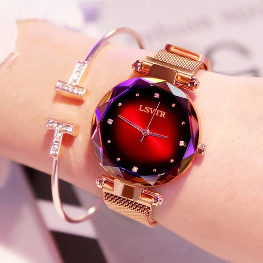 Elegant rose gold ladies' watch with sparkling starry dial, diamond accents, and magnetic strap