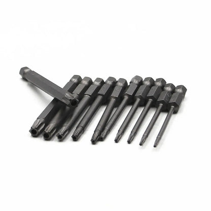 Hexagon handle alloy screwdriver bit set showing 50mm, 75mm, and 100mm lengths for Type 0 plum blossom hollow screws.