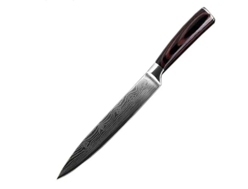 7-inch chef knife with laser Damascus pattern on blade and coloured steel handle on a cutting board.