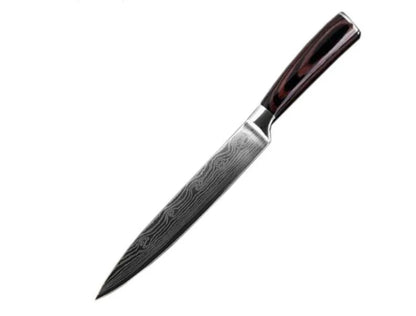 7-inch chef knife with laser Damascus pattern on blade and coloured steel handle on a cutting board.