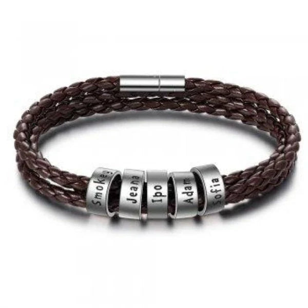A personalized leather bracelet with engraved beads, a thoughtful gift for men