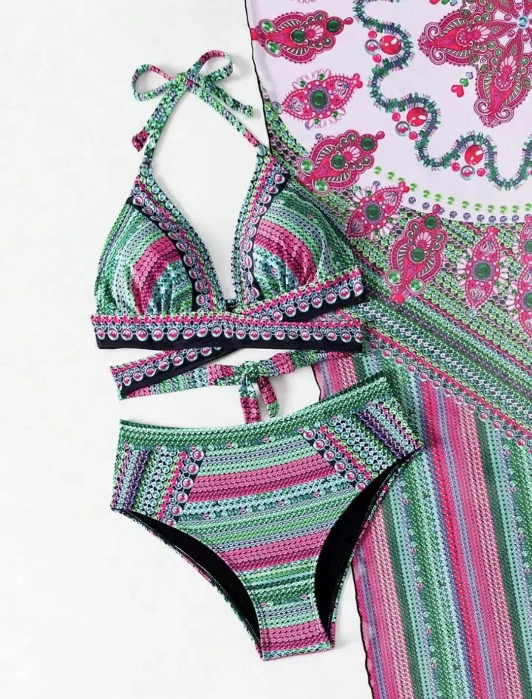 Women's split cross strap retro ethnic style swimsuit bikini set