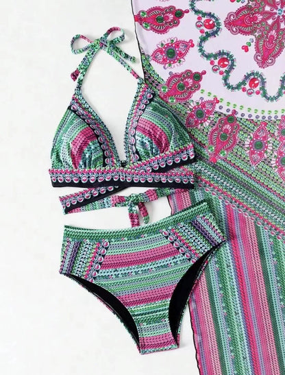 Women's split cross strap retro ethnic style swimsuit bikini set