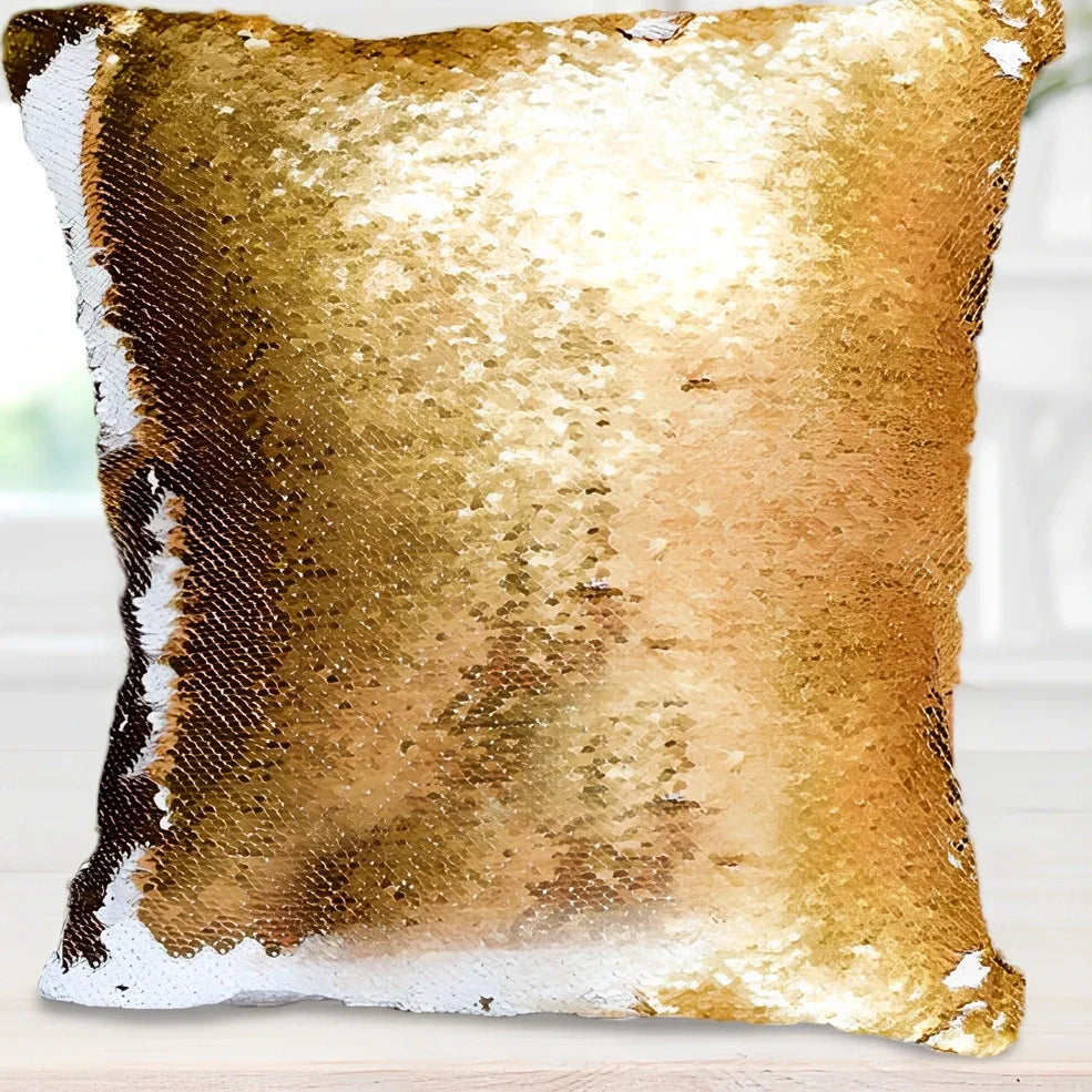 Custom photo sequin cushion cover measuring 40cm square with reversible gold silver luminous surface