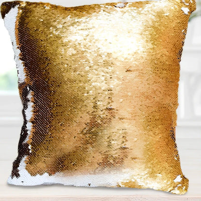 Custom photo sequin cushion cover measuring 40cm square with reversible gold silver luminous surface