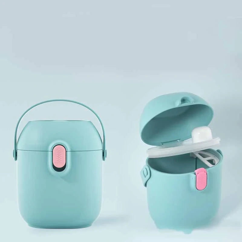 Large portable airtight baby milk powder container with scoop in peacock blue, olive green, and rouge powder