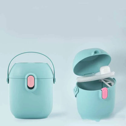 Large portable airtight baby milk powder container with scoop in peacock blue, olive green, and rouge powder