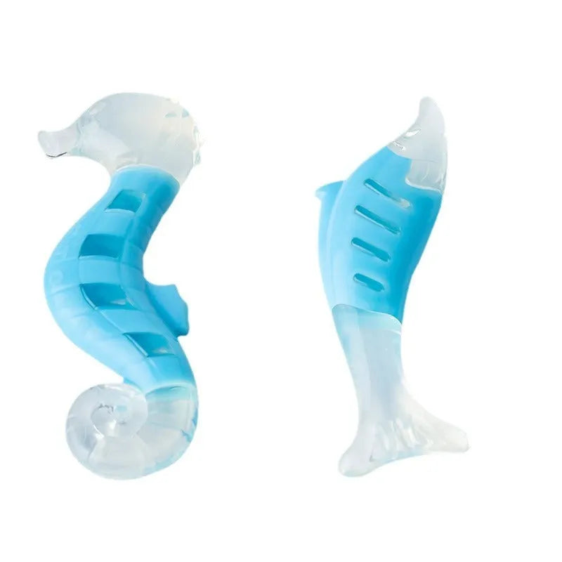 Two PU nylon dog chew toys: one seahorse shape and one tuna shape, on a white background.