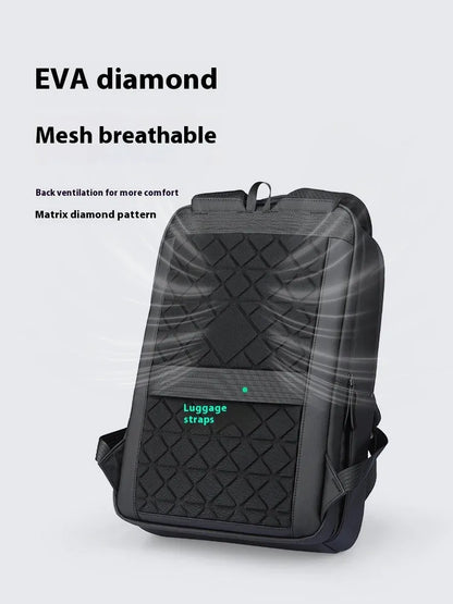 Graphite grey USB business backpack with Oxford cloth exterior showing sewing thread details and charging port