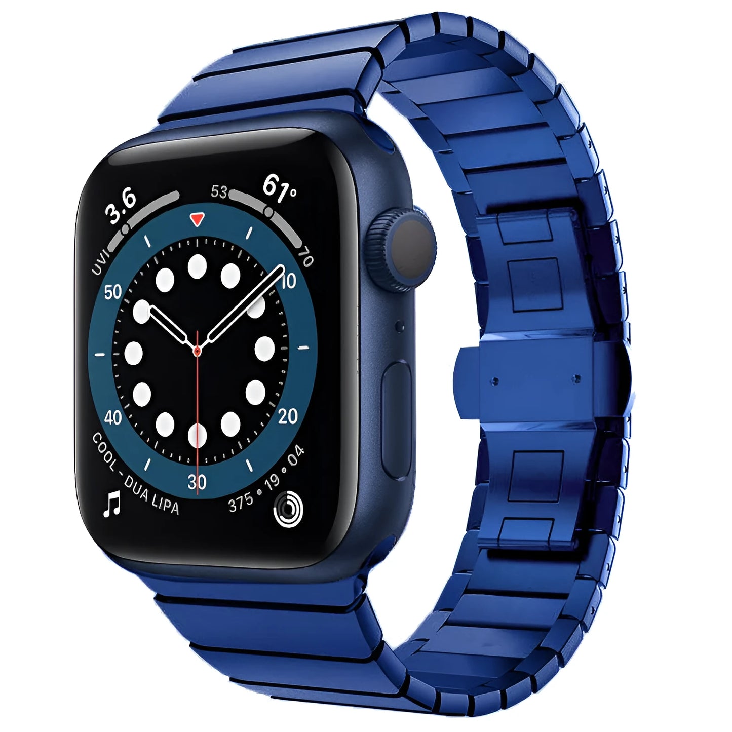 Stainless steel metal chain Apple Watch strap with butterfly buckle in silver.