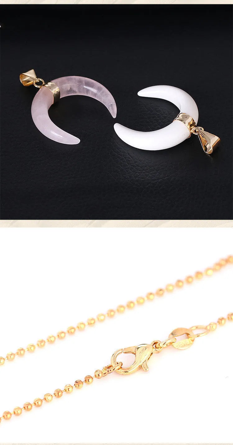 Natural stone moon pendant necklace with electroplated copper chain in pink or purple colour options