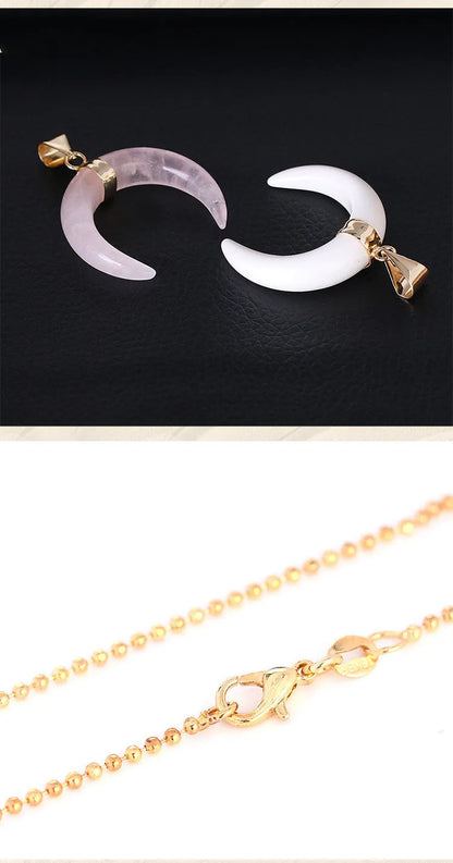 Natural stone moon pendant necklace with electroplated copper chain in pink or purple colour options