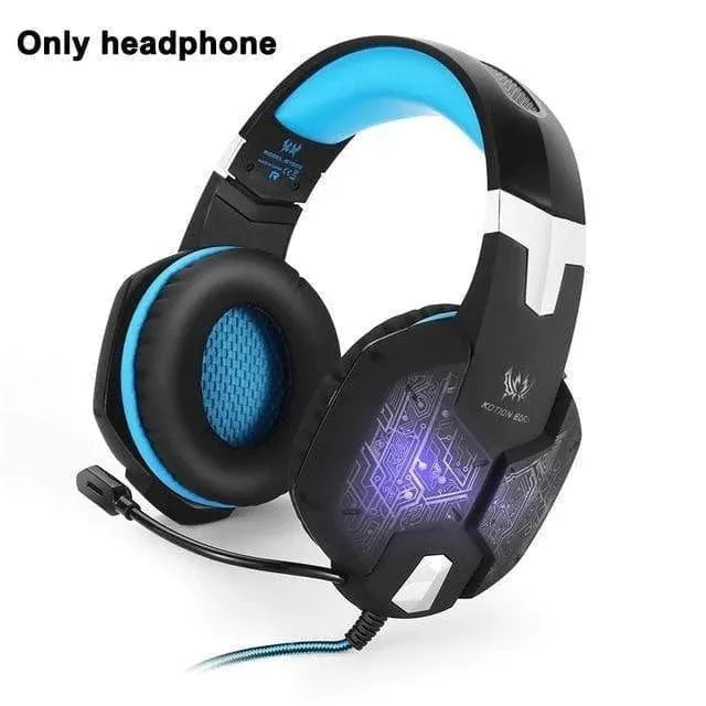 G1000 gaming headset with microphone in Blue, over-ear wired design with 3.5 dual plug and USB connection