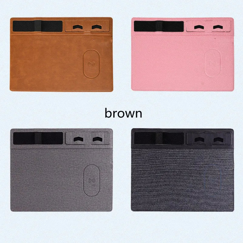 PU leather wireless charging mouse pad with phone holder in black, brown, grey, or pink colours