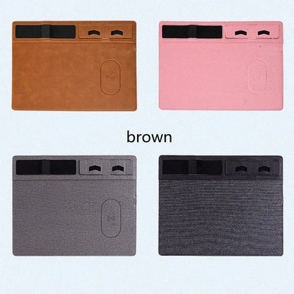 PU leather wireless charging mouse pad with phone holder in black, brown, grey, or pink colours